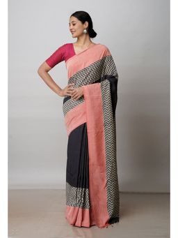 Unnati Silks - Black Printed Soft Silk Saree with Unstitched Blouse