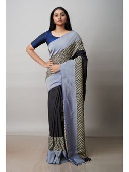 Unnati Silks - Black Printed Soft Silk Saree with Unstitched Blouse