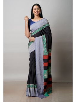 Unnati Silks - Black Printed Soft Silk Saree with Unstitched Blouse