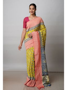 Unnati Silks - Yellow Printed Soft Silk Saree with Unstitched Blouse