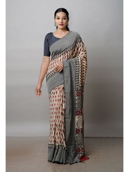 Unnati Silks - Cream Printed Soft Silk Saree with Unstitched Blouse