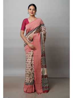Unnati Silks - Cream Printed Soft Silk Saree with Unstitched Blouse