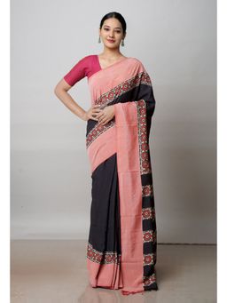 Unnati Silks - Black Printed Soft Silk Saree with Unstitched Blouse