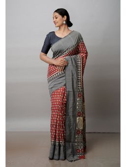 Unnati Silks - Red Printed Soft Silk Saree with Unstitched Blouse