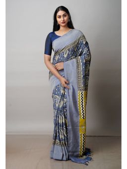 Unnati Silks - Blue Printed Soft Silk Saree with Unstitched Blouse