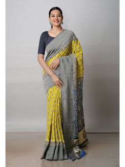 Unnati Silks - Yellow Printed Soft Silk Saree with Unstitched Blouse