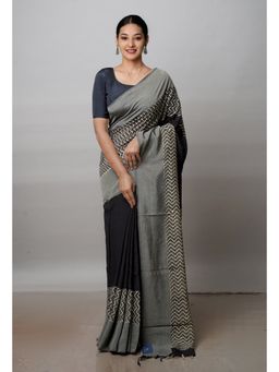 Unnati Silks - Black Printed Soft Silk Saree with Unstitched Blouse