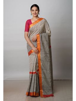 Unnati Silks - Cream Black Printed Soft Silk Saree with Unstitched Blouse
