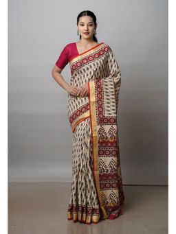 Unnati Silks - Cream Printed Soft Silk Saree with Unstitched Blouse
