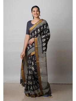 Unnati Silks - Black Printed Soft Silk Saree with Unstitched Blouse