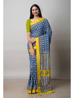 Unnati Silks - Blue Printed Soft Silk Saree with Unstitched Blouse