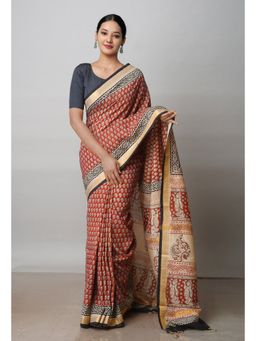 Unnati Silks - Red Printed Soft Silk Saree with Unstitched Blouse