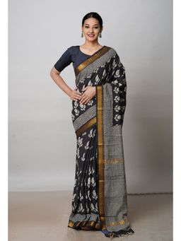 Unnati Silks - Black Printed Soft Silk Saree with Unstitched Blouse