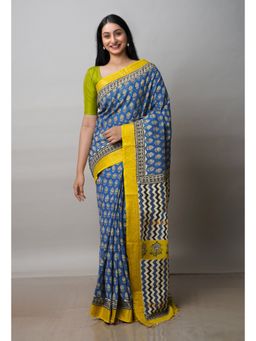 Unnati Silks - Blue Printed Soft Silk Saree with Unstitched Blouse