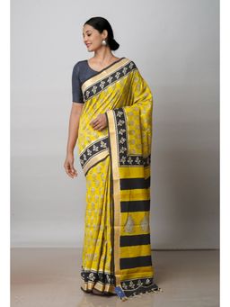 Unnati Silks - Yellow Printed Soft Silk Saree with Unstitched Blouse