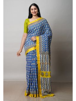 Unnati Silks - Blue Printed Soft Silk Saree with Unstitched Blouse