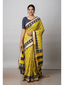 Unnati Silks - Yellow Printed Soft Silk Saree with Unstitched Blouse
