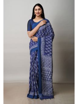 Unnati Silks - Navy Blue Block Printed Soft Silk Saree with Unstitched Blouse