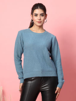 Mafadeny - Winterwear Women Blue Self Design Round Neck Top