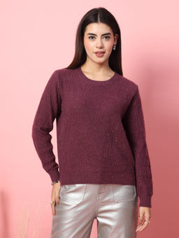 Mafadeny - Winterwear Women Wine Self Design Round Neck Top