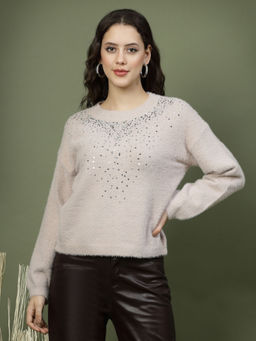 Mafadeny - Winterwear Women Beige Embellished Round Neck Top