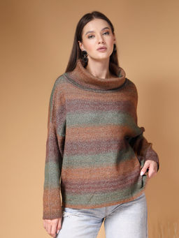 Mafadeny - Winterwear Women Rust Colorblock Turtle Neck Top