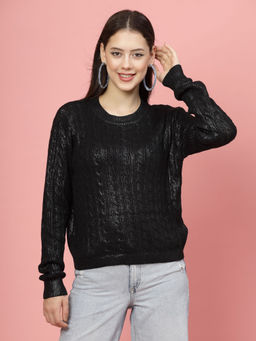 Mafadeny - Women Black Self Design Round Neck Top