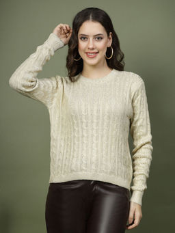 Mafadeny - Women Cream Self Design Round Neck Top