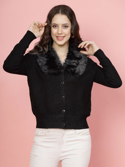 Mafadeny - Winterwear Women Black Shirt Collar Top