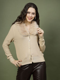 Mafadeny - Winterwear Women Beige Shirt Collar Top