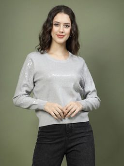 Mafadeny - Winterwar Women Grey Embellished Round Neck Top