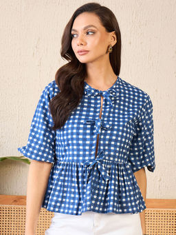 Uptownie - Blue Cotton Tie-Up Peplum Top