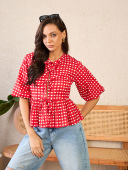 Uptownie - Red Printed Cotton Tie-Up Peplum Top
