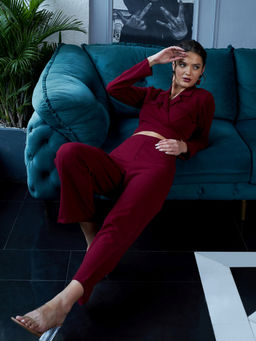 AAREIN - Burgundy Lapel Collar Tie Up Co-Ord (Set of 2)