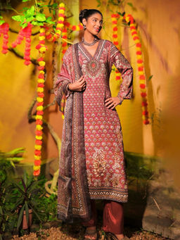 Lakshita - Women's Wine Mandarin Neck Floral Kurta with Pant and Dupatta