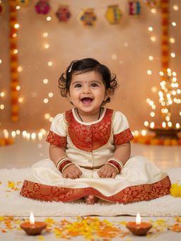 BownBee - Girls Red Festive Short Sleeves Lehenga with Blouse