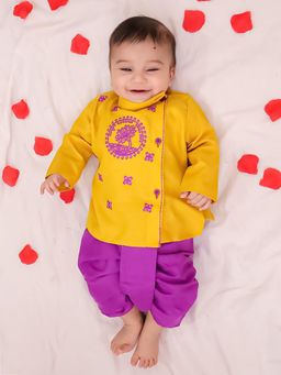 BownBee - Infant Boys Yellow Embroidered Bangali Style Kurta with Dhoti Pant