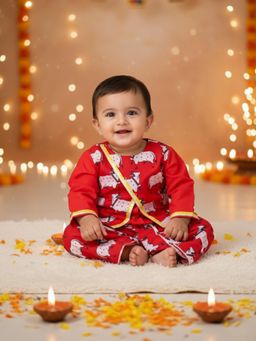 BownBee - Boys Red Pure Cotton Printed Dhoti Pant with Kurta & Jacket