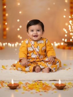 BownBee - Boys Yellow Pure Cotton Printed Dhoti Pant with Kurta & Jacket