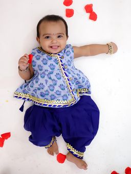 BownBee - Girls Blue Pure Cotton Printed Kurti with Dhoti Pant