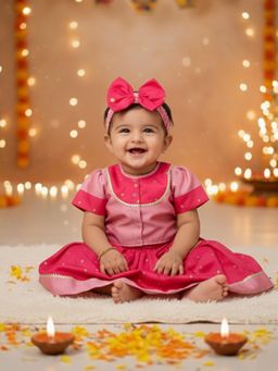 BownBee - Infant Girls Pink Festive Puff Sleeves Silk Lehenga with Blouse