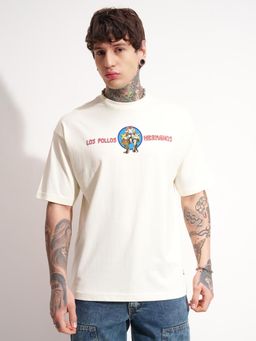 HIGHLANDER - Men Beige Round Neck Half Sleeve Oversized T-shirt