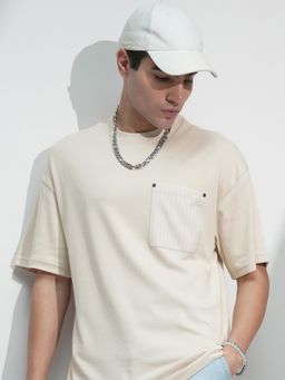 HIGHLANDER - Men Cream Round Neck Oversized Embroidery T-shirt