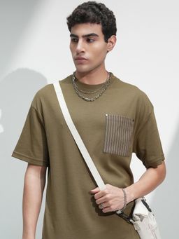 HIGHLANDER - Men Olive Round Neck Oversized Embroidery T-shirt