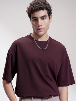 HIGHLANDER - Men Maroon Round Neck Oversized Drop Shoulder Super Stretch T-shirt