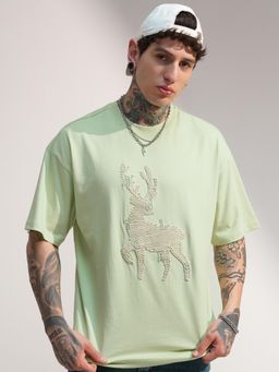 HIGHLANDER - Men Lime Green Round Neck Oversized Embellished T-shirt