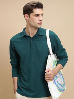 HIGHLANDER - Men Green Polo Neck Regular Fit Textured T-shirt