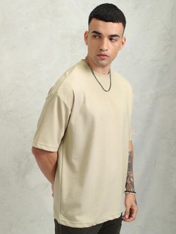 HIGHLANDER - Men Cream Self Design Round Neck Oversized Fit T-shirt