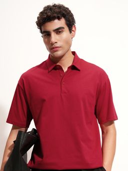 HIGHLANDER - Men Maroon Self Collar Half Sleeve Relax Fit T-shirt