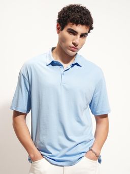HIGHLANDER - Men Blue Self Collar Half Sleeve Relax Fit T-shirt